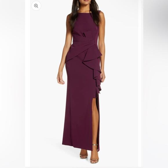 ELIZA J Ruffle Front Gown In Wine Size 10 NWOT - Picture 1 of 5